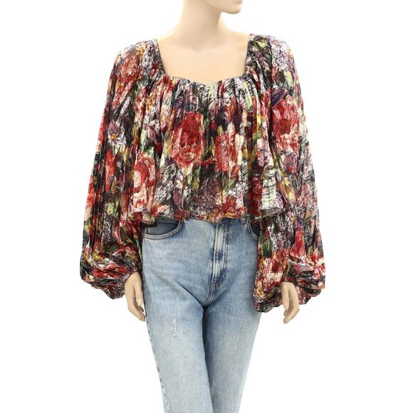Anthropologie Love The Label Smocked Floral Printed Bouse Top Metallic XS 272185